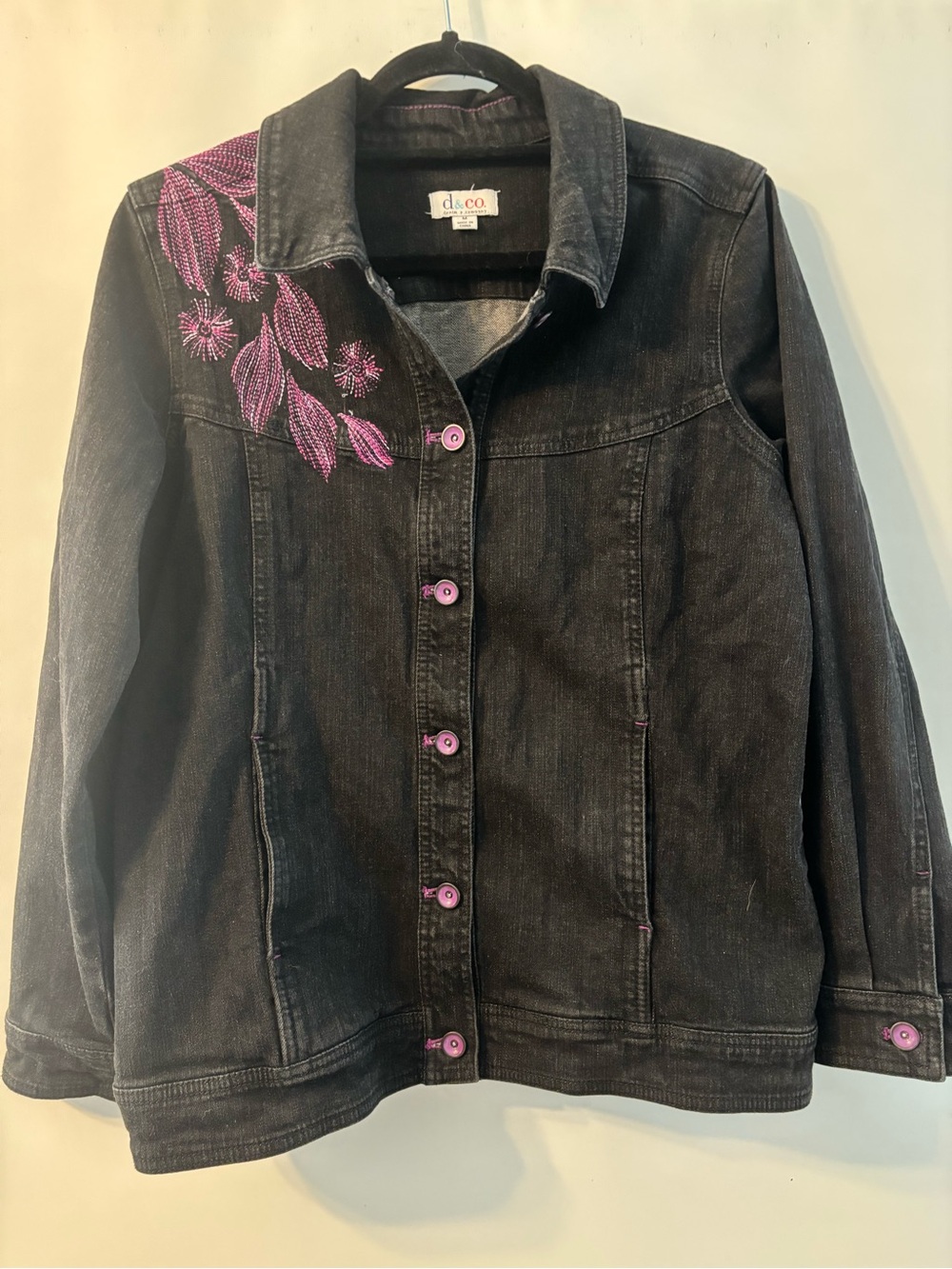 Denim&Co Black Denim Jacket with Pink Embroidered Detail